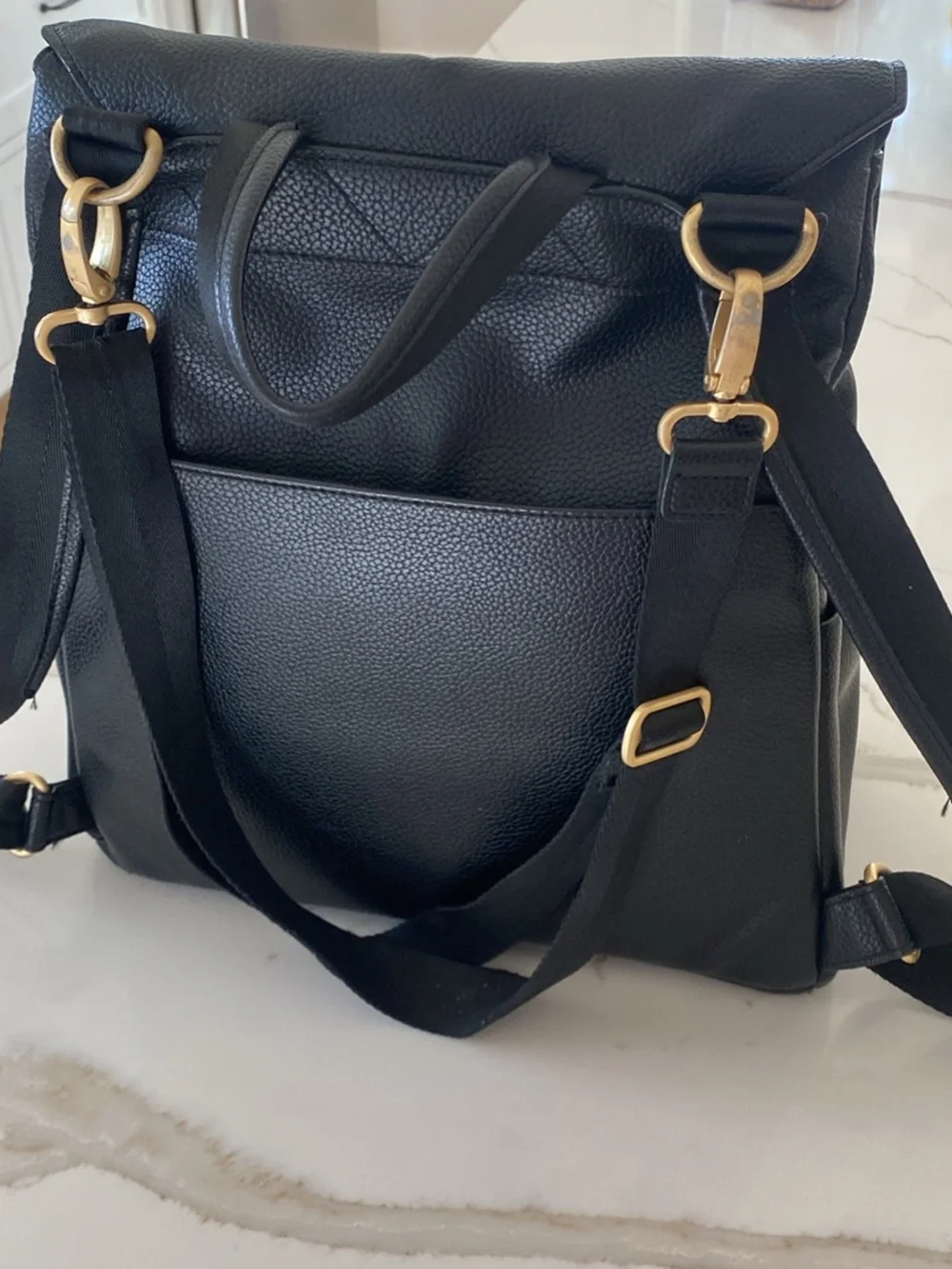 Freshly Picked Black Leather Baby Bag Backpack with Gold Hardware
